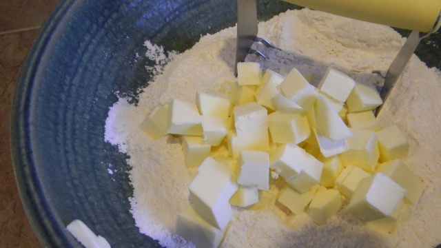 Preparing to cut in the butter with my pastry cutter.